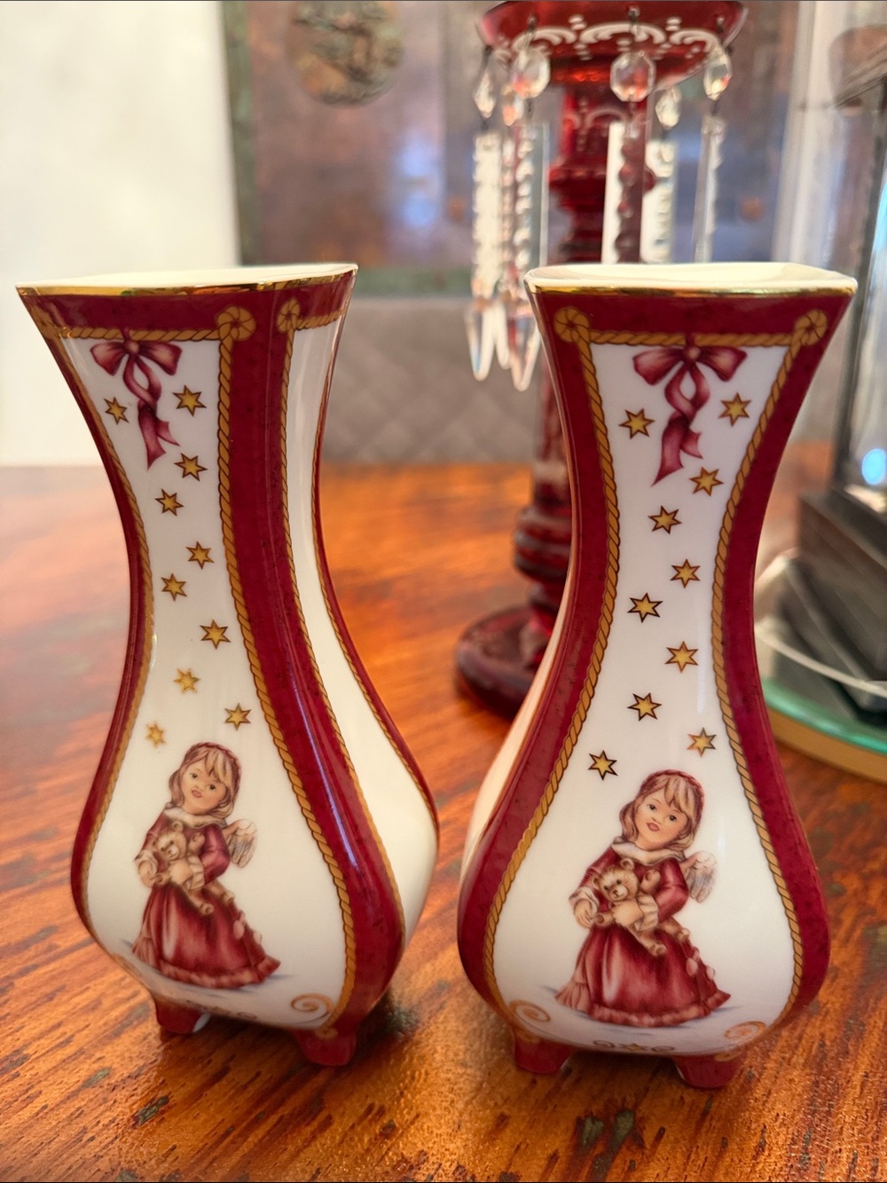 Goebel Red and White Porcelain Angel Vases - Pair